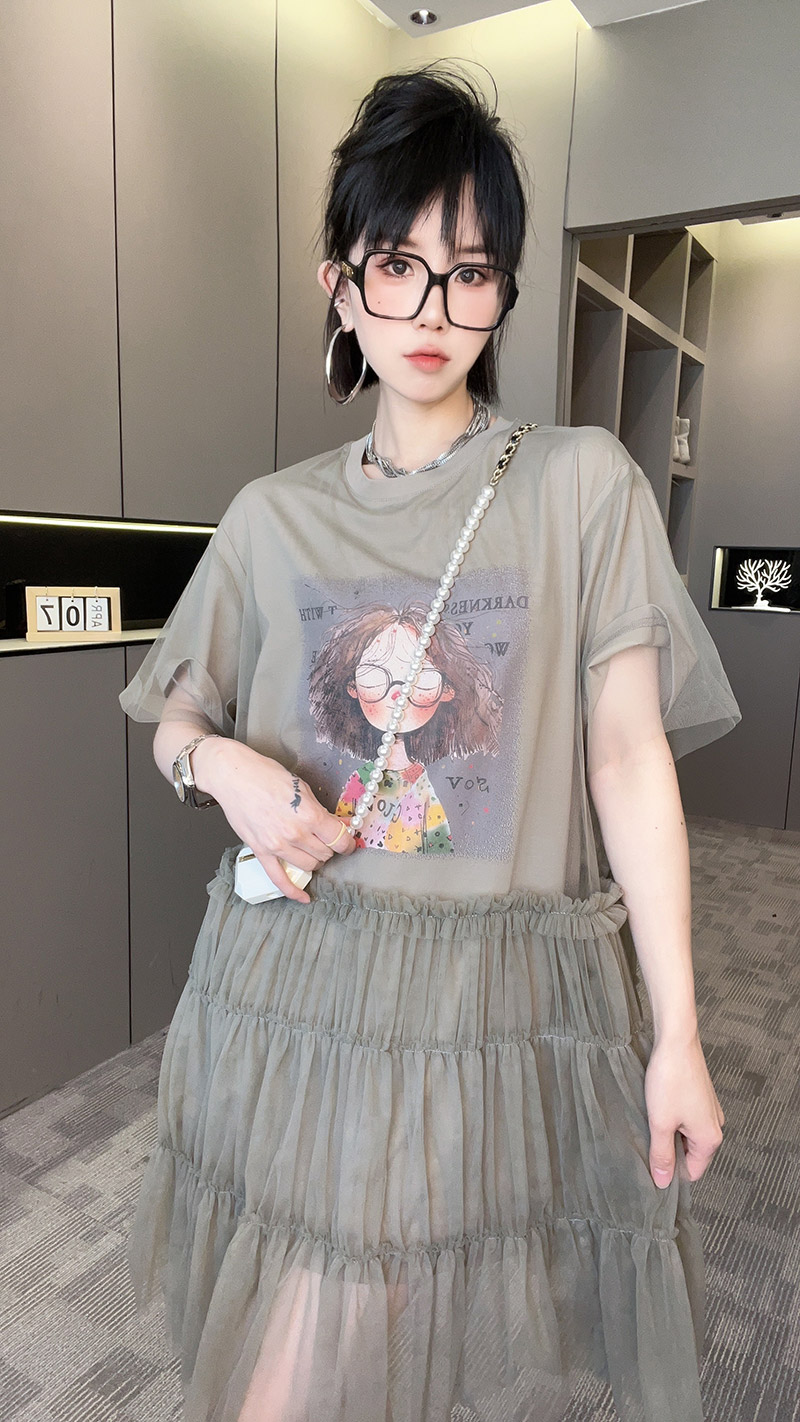 RR fashion 短袖连衣裙女2024夏季新款卡通印花圆领网纱拼接裙子