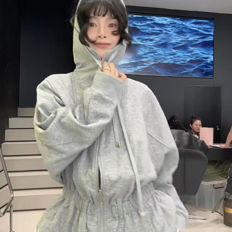 抽绳连帽长袖外套高腰直筒长裤纯色运动套装两件套女2025春季新款