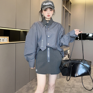 新款 女2025秋季 欧洲站宽松洋气衬衣纯色领带单排扣上衣 衬衫 长袖