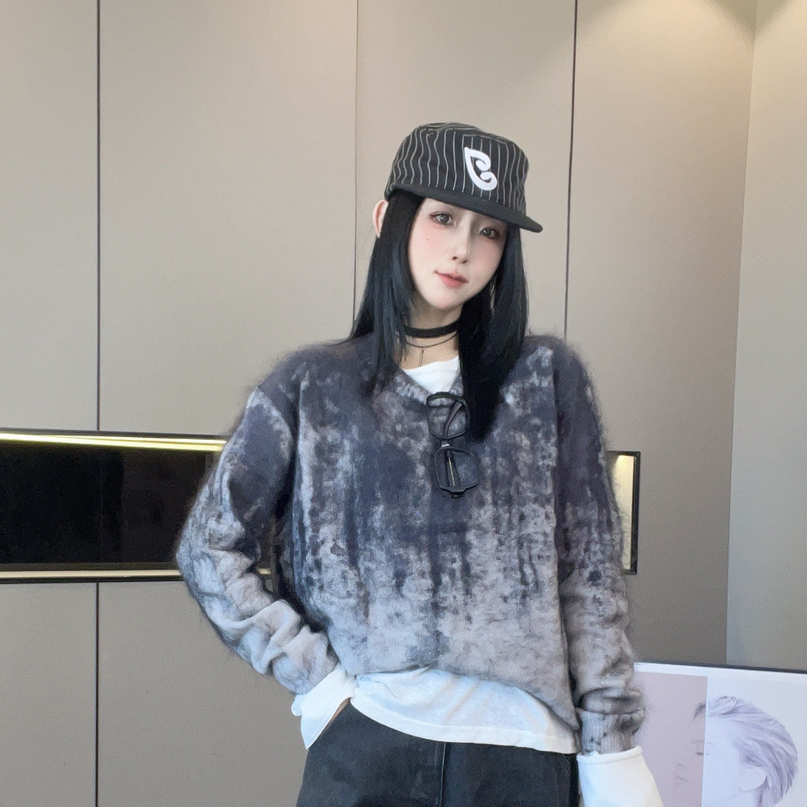 羊毛毛衣女2026秋季新款欧洲站设计感撞色拼接渐变晕染长袖上衣