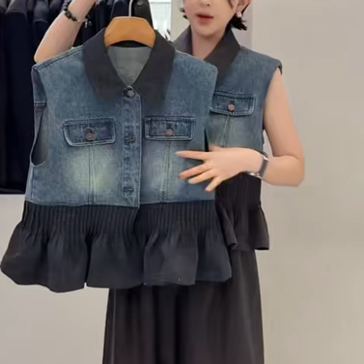 牛仔马甲女2025秋季新款欧洲站撞色拼接翻领单排扣外套无袖上衣