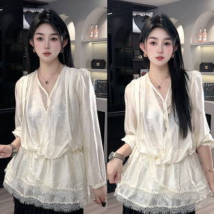 女2026春季 宽松纯色蕾丝钩花镂空V领长袖 新款 薄款 上衣 法式 衬衫