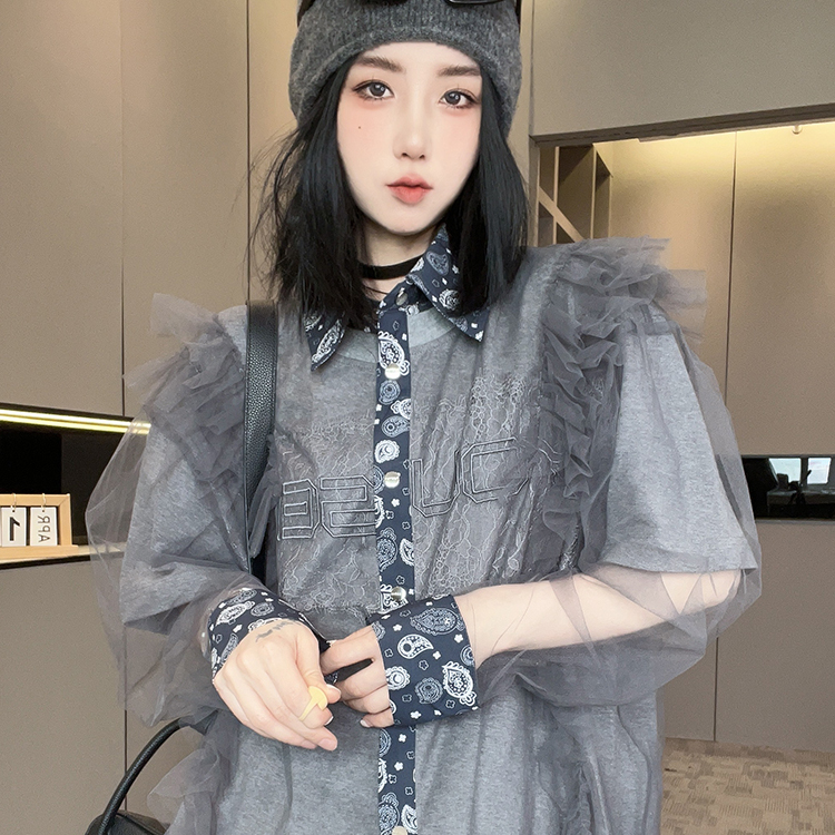 衬衫女2025秋季新款欧洲站网纱拼接蕾丝字母衬衣翻领单排扣上衣
