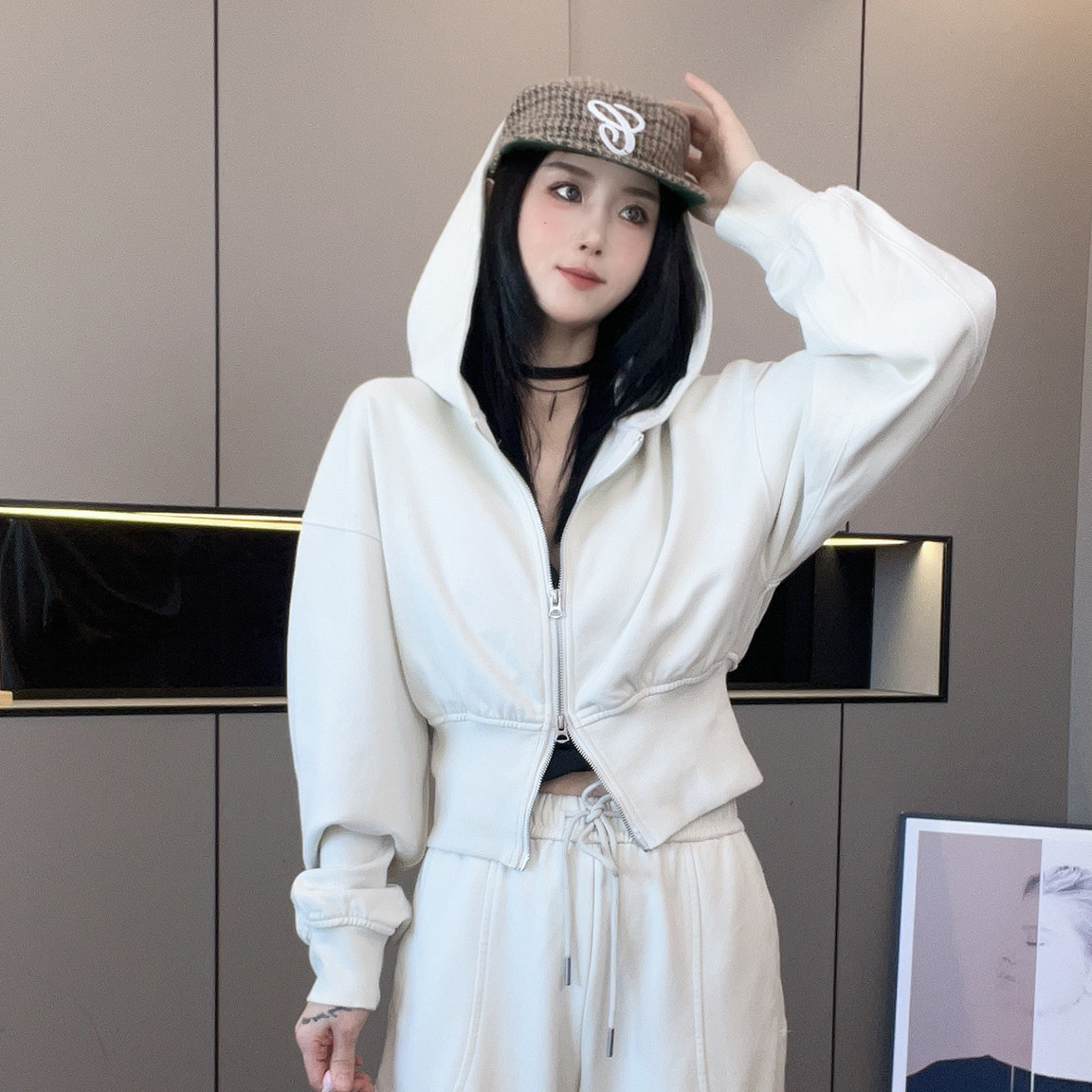 连帽拉链长袖外套高腰卫裤直筒长裤运动套装两件套女2026秋季新款