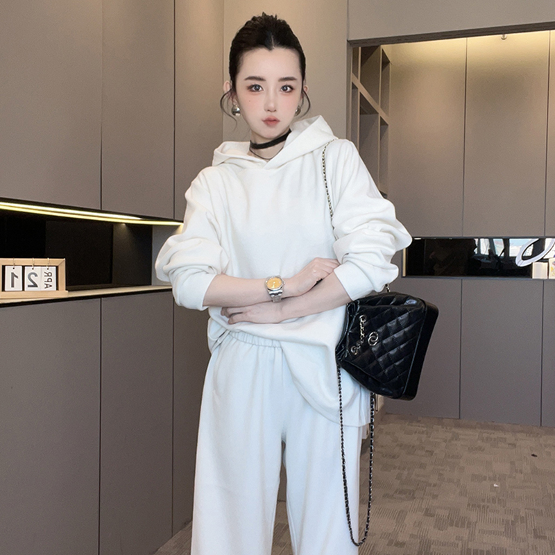 连帽长袖上衣高腰直筒裤长裤纯色运动套装两件套女2025秋季新款