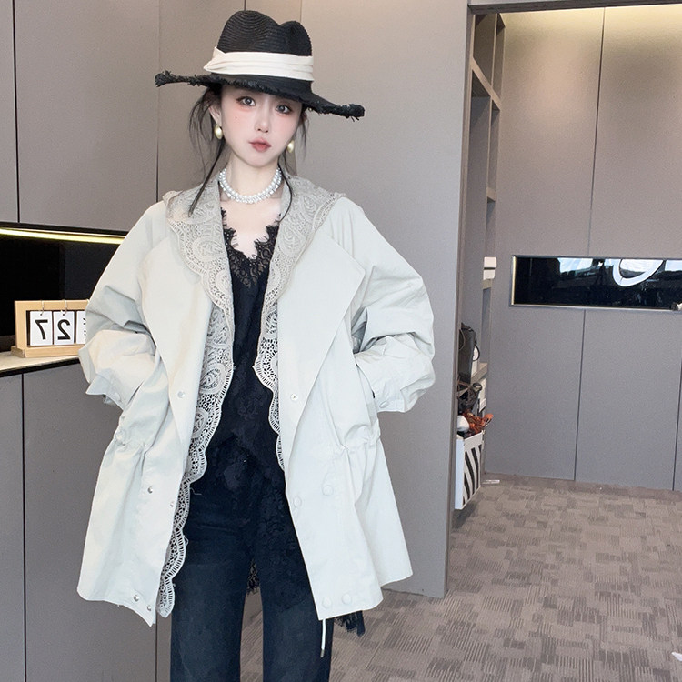 镂空钩花连帽风衣女2026春季新款纯色拼接假两件外套宽松长袖上衣