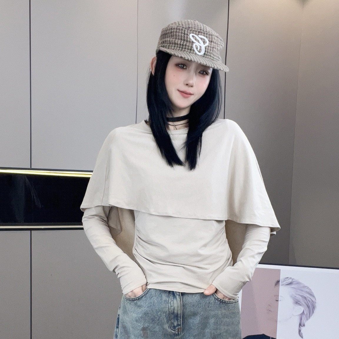 长袖斗篷T恤女2026秋季新款简约纯色修身显瘦打底衫时尚百搭上衣