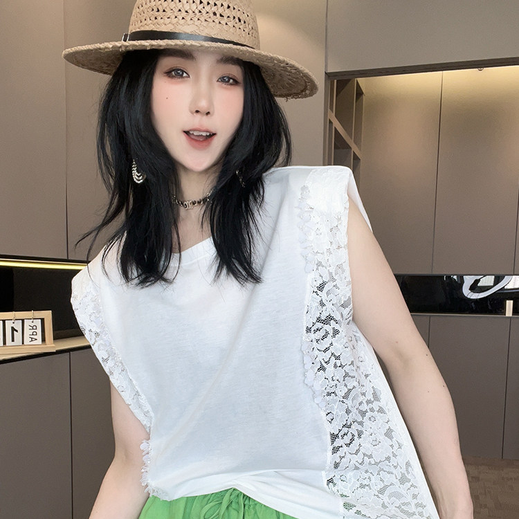 无袖T恤女2026夏季新款欧洲站纯色蕾丝拼接重工亮片圆领套头上衣