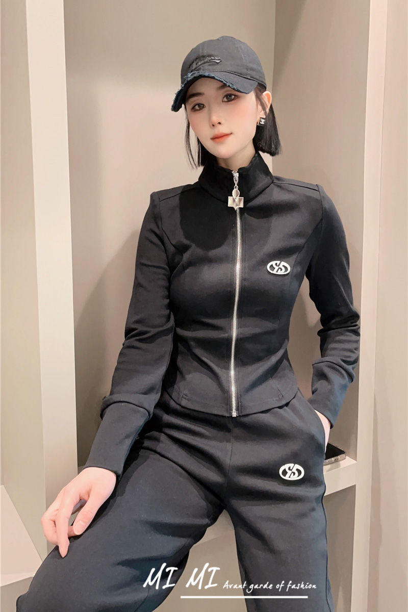 2023春季新款修身显瘦拼色字母拉链短外套阔腿裤套装两件套女