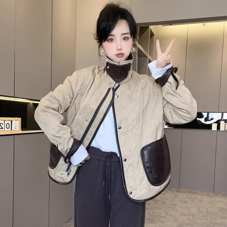 拼皮加棉外套女2024冬季新款欧洲站女装大口袋单排扣立领长袖上衣