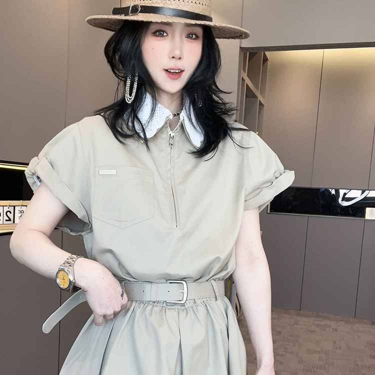 短袖连衣裙女2026春季新款半拉链蕾丝拼接翻领腰带收腰显瘦裙子