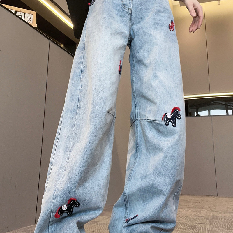 牛仔裤女2026春季新款复古拼接重工小马高腰磨白阔腿长裤显瘦裤子,女装/女士精品,牛仔裤,淘宝优惠券,粉丝福利购,淘宝优惠卷