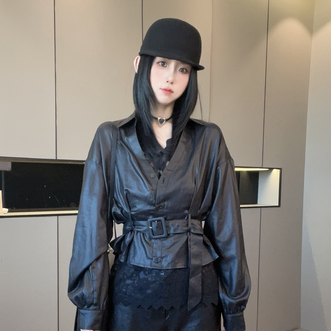 腰带收腰长袖衬衫蕾丝无袖背心上衣套装套装两件套女2026秋季新款