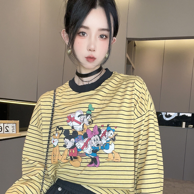 长袖条纹T恤女2026春季新款撞色拼接卡通动漫印花打底衫圆领上衣