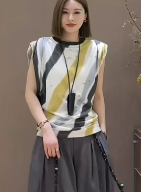 RR fashion 条纹T恤女2025夏季新款设计感阔肩薄款圆领无袖上衣