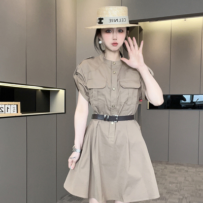 短袖连衣裙女2025夏季新款欧洲站设计感纯色腰带收腰短裙高腰裙子