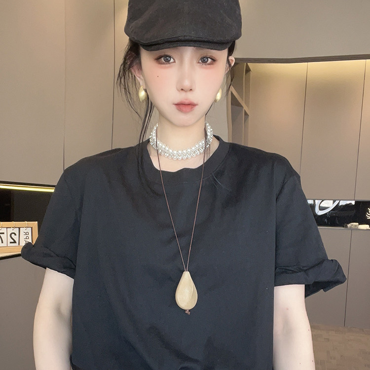 吊坠项链短袖T恤女2026春季新款设计感圆领套头打底衫半袖上衣