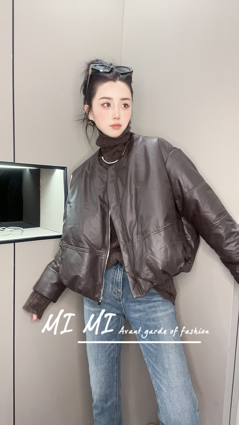 【现货】圆领拉链开衫绵羊皮皮衣长袖皮羽绒服女2025秋冬新款