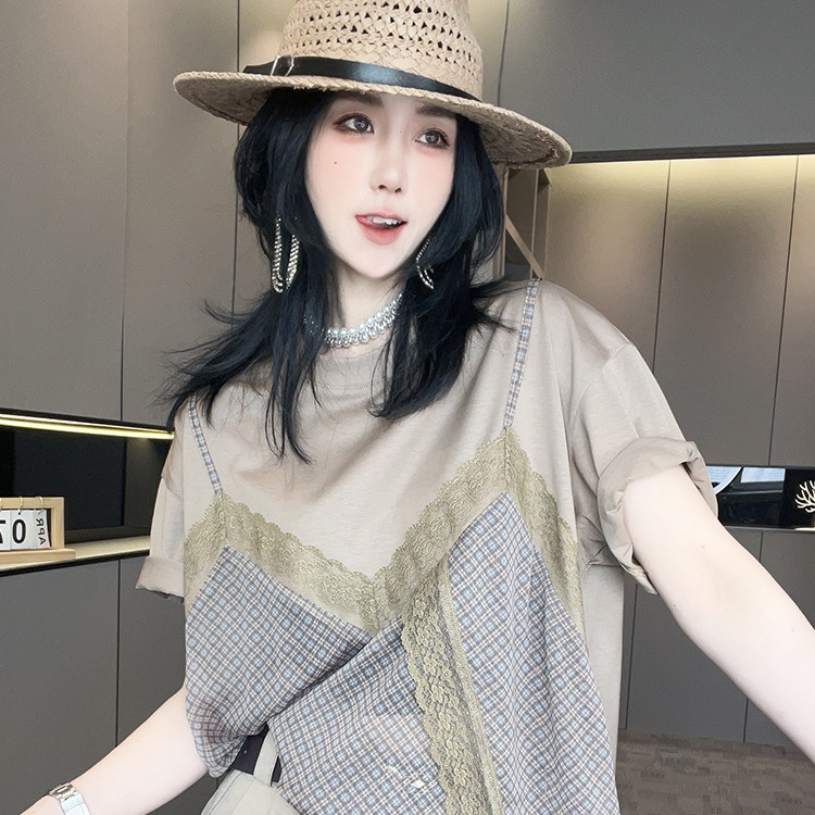 短袖T恤女2026夏季新款时尚撞色拼接假两件丝巾圆领套头半袖上衣