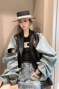 纯皮皮衣女 拼接牛仔袖 翻领纯绵羊皮皮外套2025秋季 新款