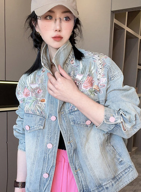 RR fshion 复古重工刺绣单排扣上衣长袖牛仔外套女2025春季新款