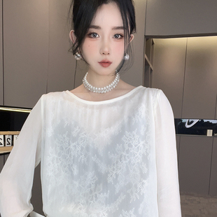 上衣 欧洲站设计感蕾丝钩花镂空露背圆领长袖 T恤女2026春季 新款