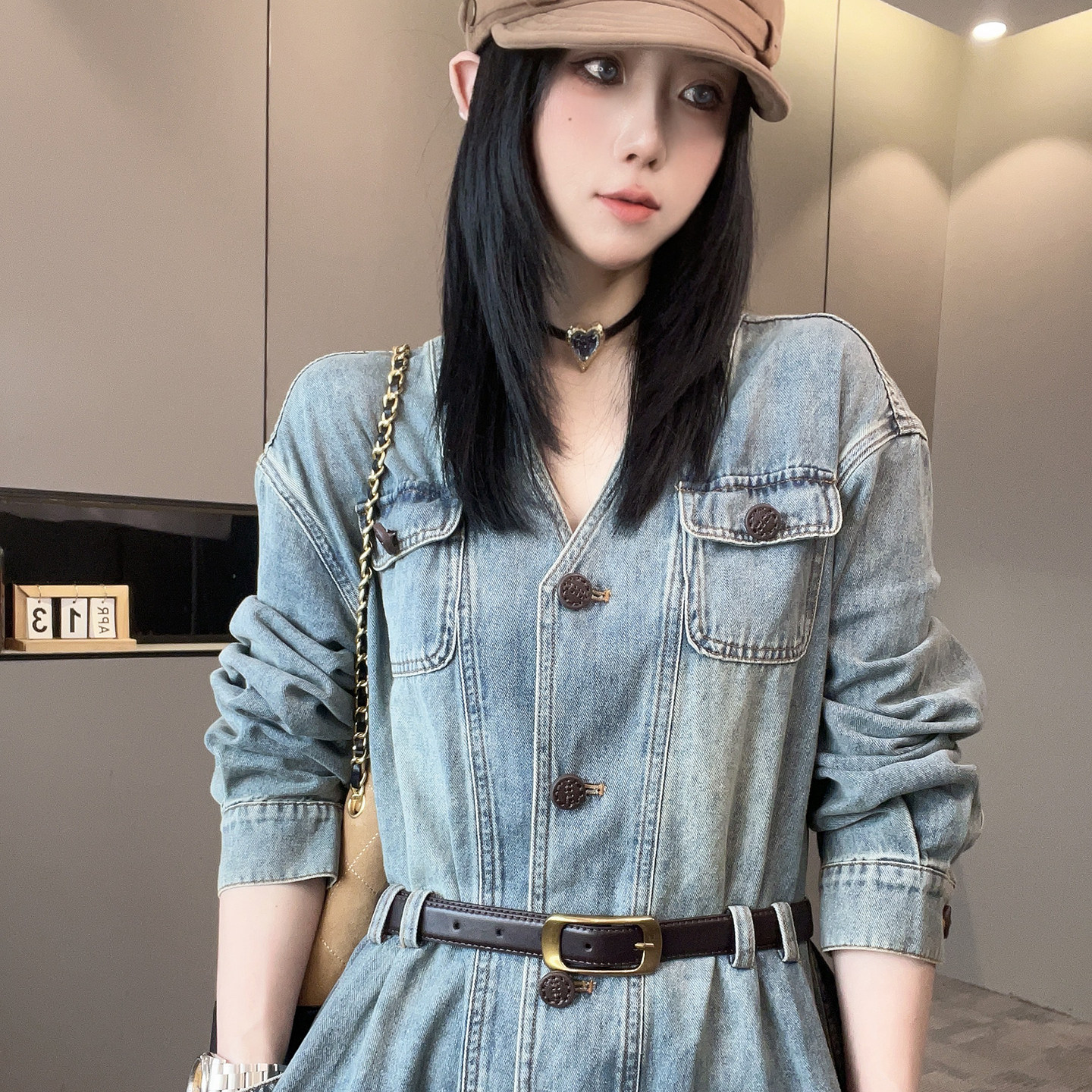 牛仔连衣裙女2026秋季新款欧洲站复古做旧单排扣中长裙高腰裙子