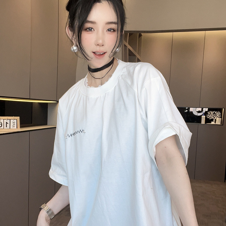 短袖T恤女2026春季新款时尚中长款蕾丝钩花圆领打底衫半袖上衣