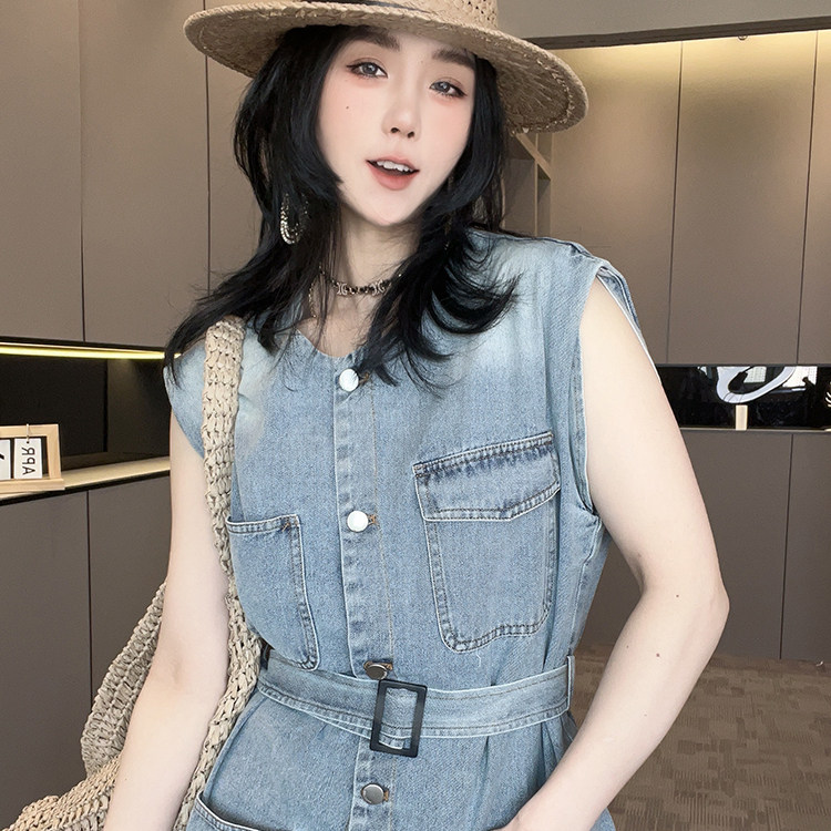 牛仔连衣裙女2026夏季新款欧洲站网纱拼接牛仔裙大口袋圆领裙子
