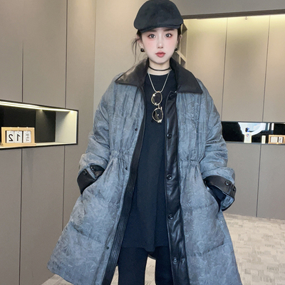 【现货】拼皮鹅绒羽绒服女2025秋冬新款欧货收腰中长款外套单排扣