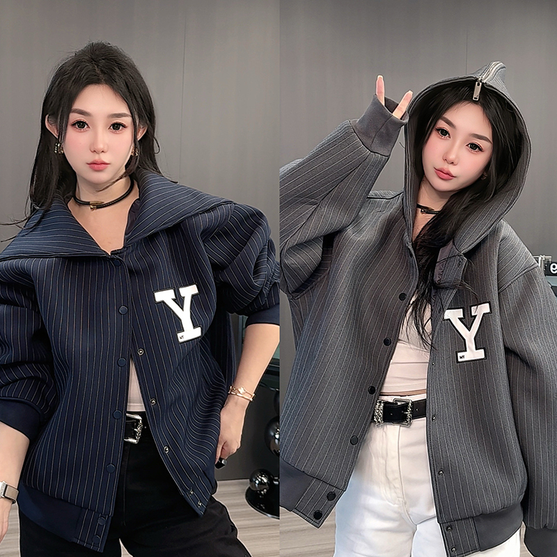 条纹外套女2025秋季新款欧洲站撞色拼接字母连帽披肩两穿长袖上衣