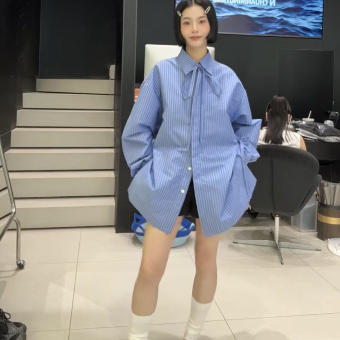 复古小众设计感系带条纹衬衫女2025秋季新款韩系休闲chic宽松上衣
