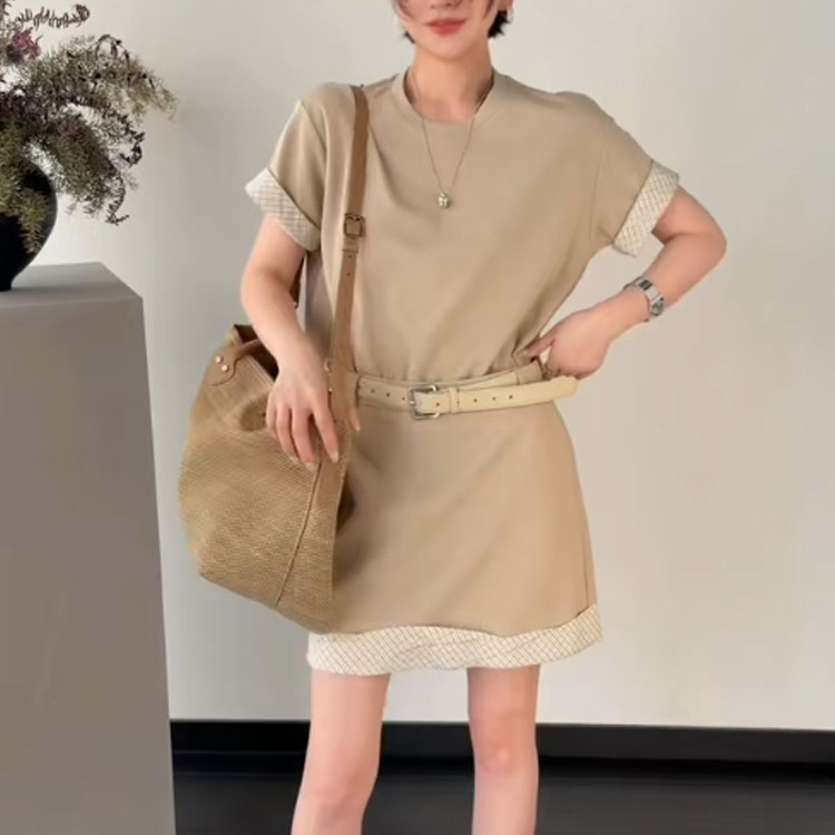 短袖连衣裙女2026夏季新款欧洲站时尚腰带收腰圆领T恤裙半袖裙子