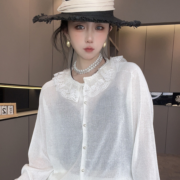 针织衫女2026春季新款欧洲站设计感蕾丝钩花拼接单排扣长袖上衣