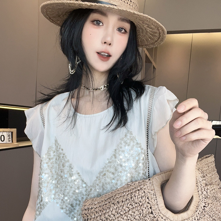 无袖连衣裙女2026夏季新款亮片T恤裙网纱拼接木耳边长裙圆领裙子