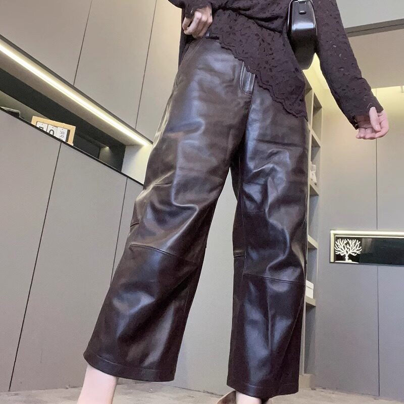 皮裤女2024秋季新款纯色直筒裤