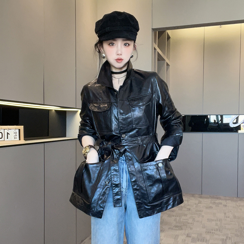 皮衣女2025秋季新款纯色大口袋系带收腰绵羊皮真皮外套长袖上衣