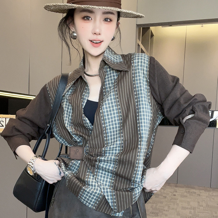 拼接格子衬衫女2025秋季新款欧洲站设计感不规则衬衣翻领长袖上衣