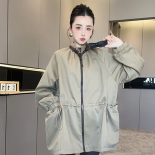 大口袋抽绳收腰拉链立领长袖 纯色中长款 上衣 新款 外套女2025秋季