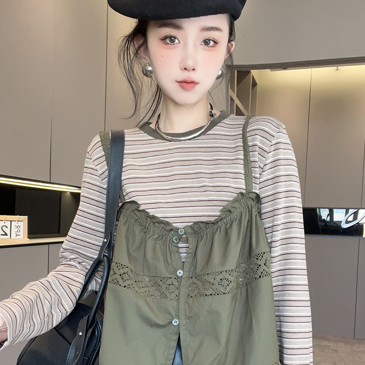 圆领长袖条纹T恤外穿背心上衣套装两件套女2025秋季新款欧洲站