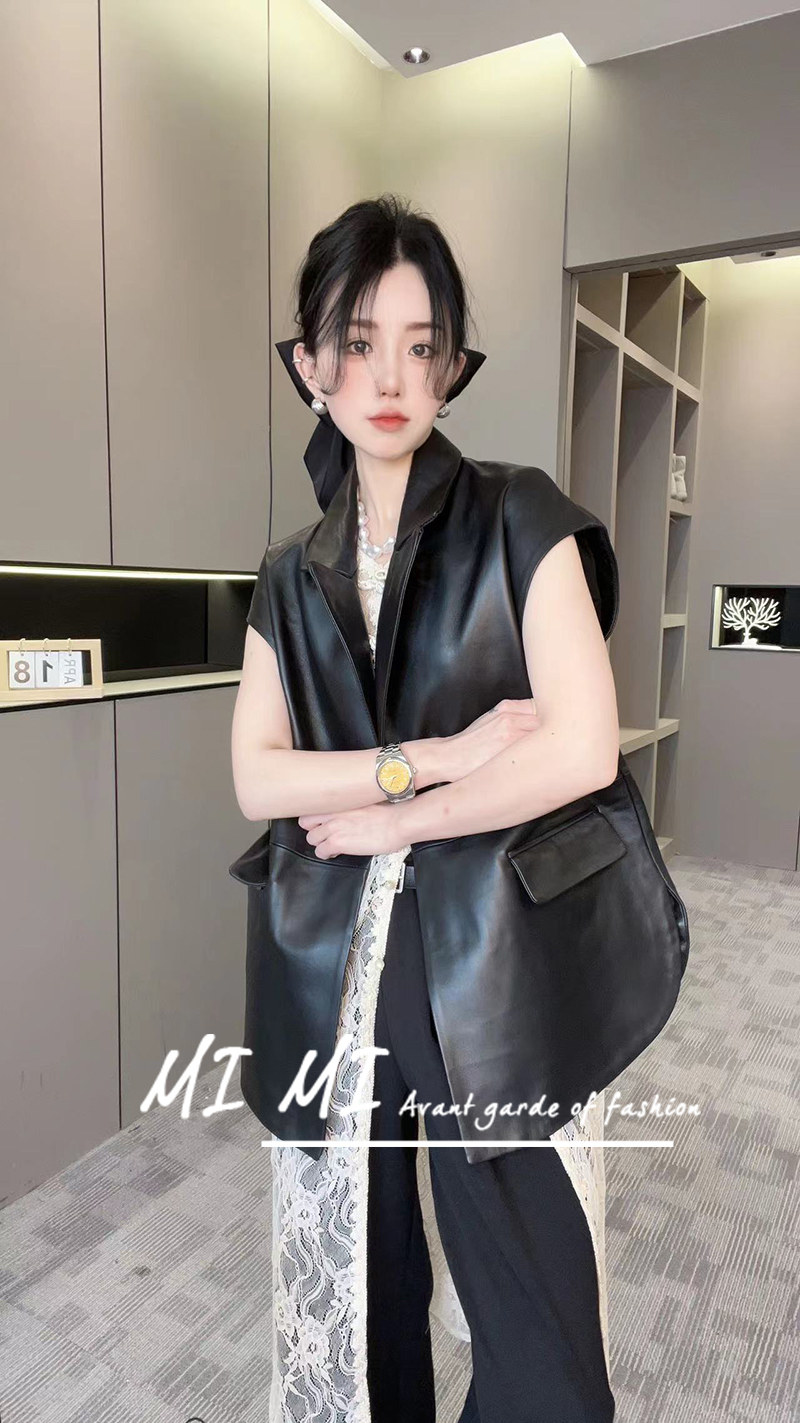 春秋季女士中长款皮夹克无袖外套
