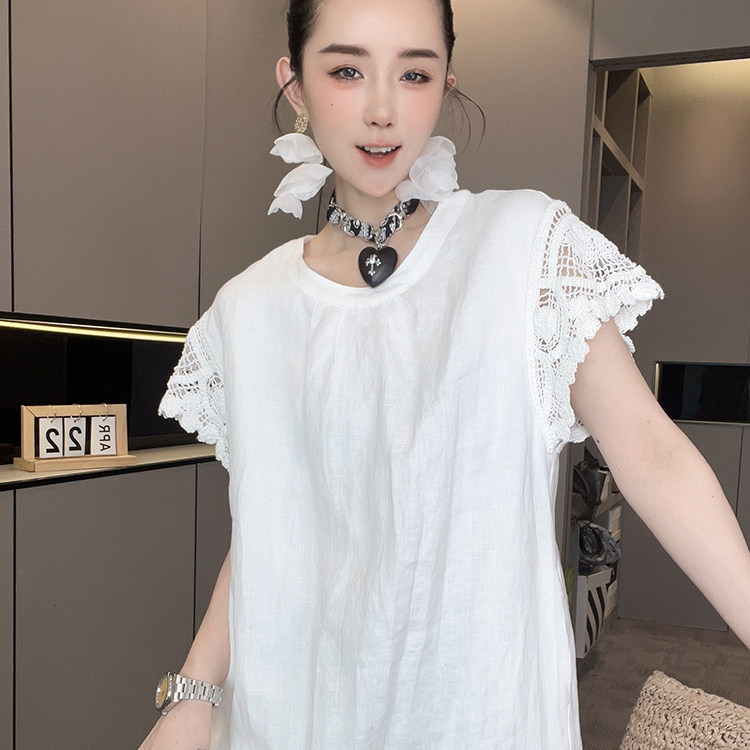 短袖连衣裙女2026夏季新款纯色蕾丝钩花镂空拼接荷叶下摆圆领裙子