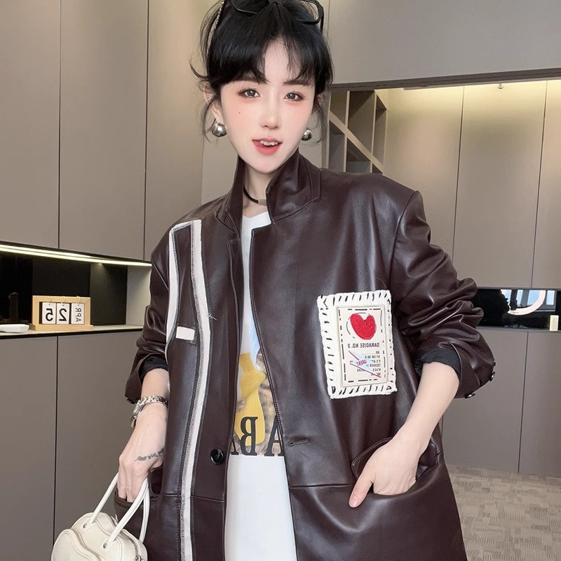 皮衣女2024秋季新款女装中长款