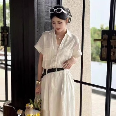 短袖连衣裙女2025夏季新款设计感纯色高腰长裙开叉下摆翻领裙子
