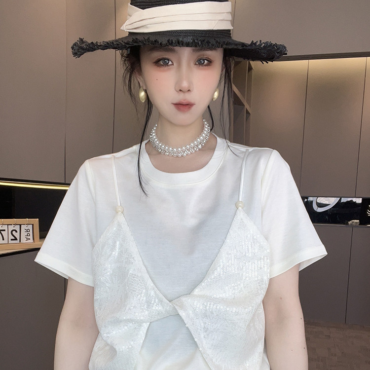 短袖T恤女2026春季新款重工亮片拼接假两件扭结蝴蝶结圆领上衣
