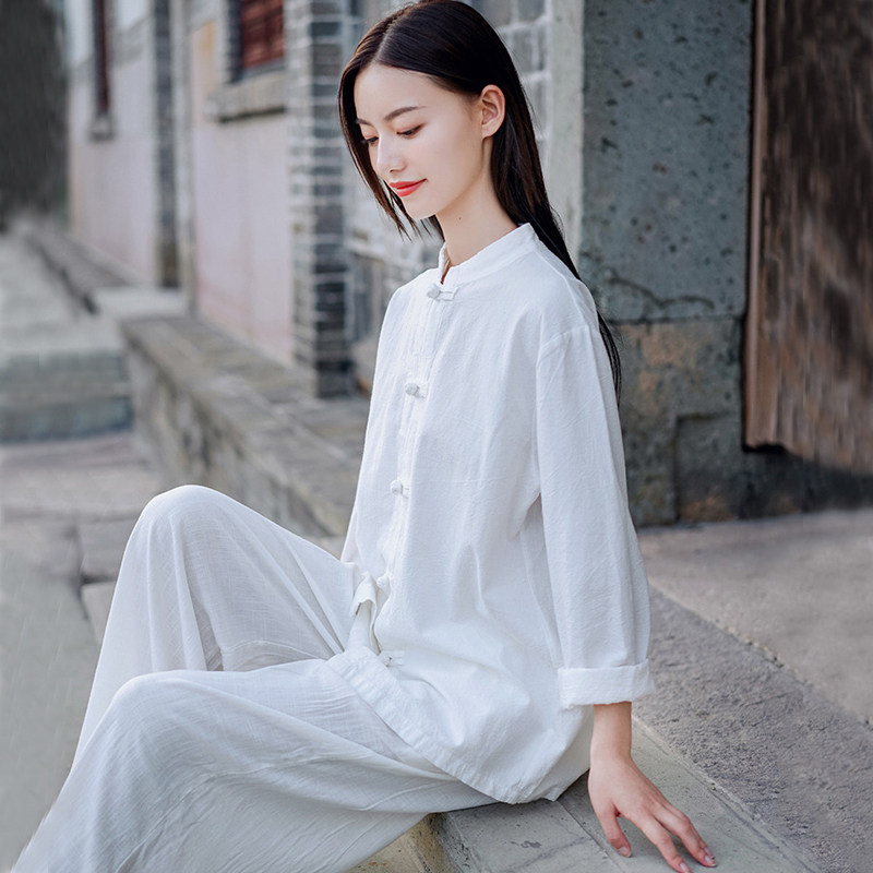 中国风女装中式棉麻文艺春秋唐装女宽松休闲太极禅服茶服短袖上衣