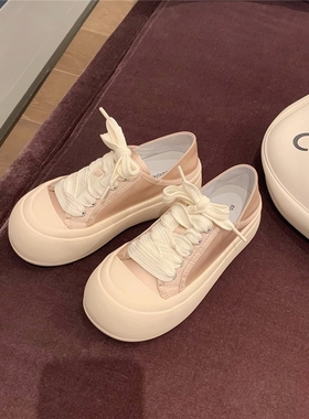 大头两穿帆布鞋2025春秋季韩版时尚百搭圆头厚底系带休闲鞋女板鞋