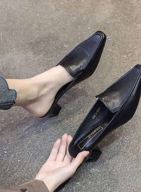 包头半拖鞋女外穿2025年新款春秋百搭后空粗跟春秋款懒人高跟单鞋