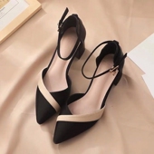 一字扣高跟鞋 春夏百搭拼色尖头中跟时尚 女仙女风粗跟2026新款 凉鞋