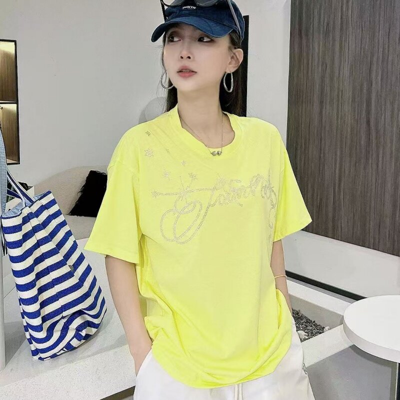 夏季广场舞时尚大码烫钻短袖棉户外休闲跳舞跳操上衣男女同款XYT